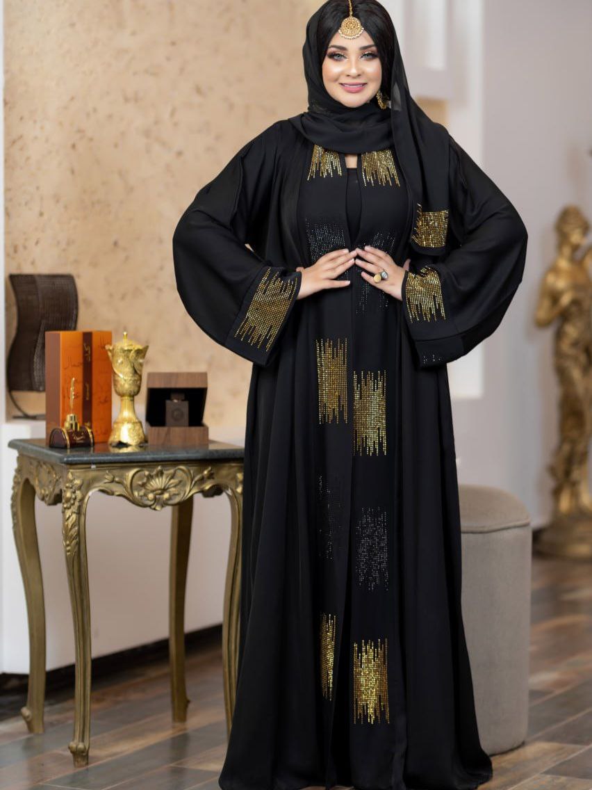 Open Abaya, Adorned with Shiny gold Strass, Shiny Chiffon Hijab, Silk, Wide Sleeves, Chic