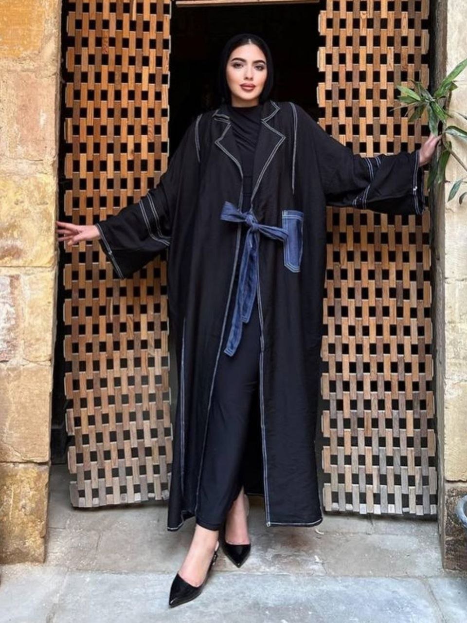 Robe Abaya, Plain, side pocket, Formal collar, With belt, Linen, Jeans, Casual