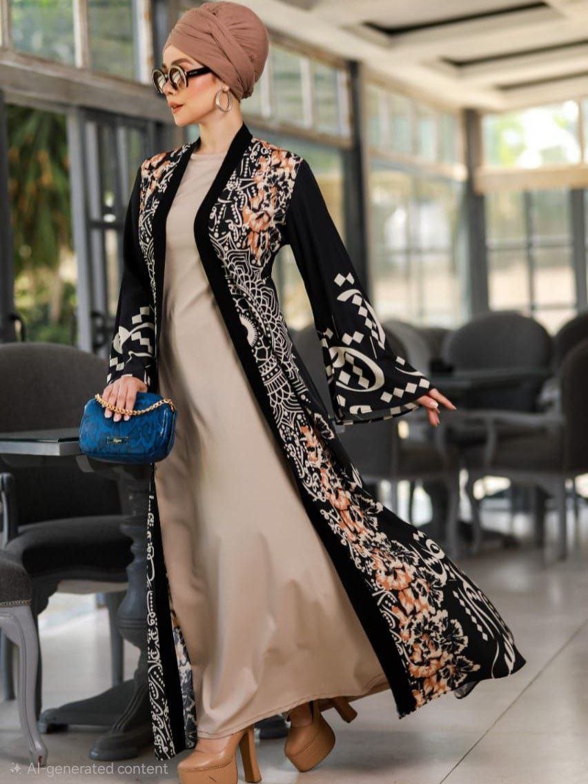Two- pieces Abaya, Bisht, Arabic Letters Print, plain Sleeveless dress, Stain & Crepe, Chic