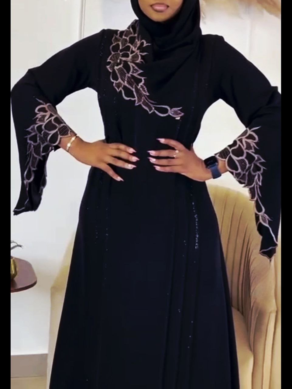 Abaya, Closed, Embroidery, Strass, Cotton Hijab, Silk, Chic