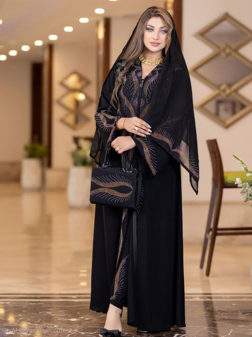Abaya, Strass, zipper, pants, Chiffon Hijab, Separate belt, bag, Silk, Chic