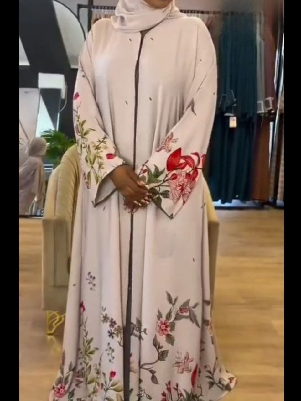Abaya, Floral print, zipper, Separate belt, chiffon Hijab, Silk, Casual